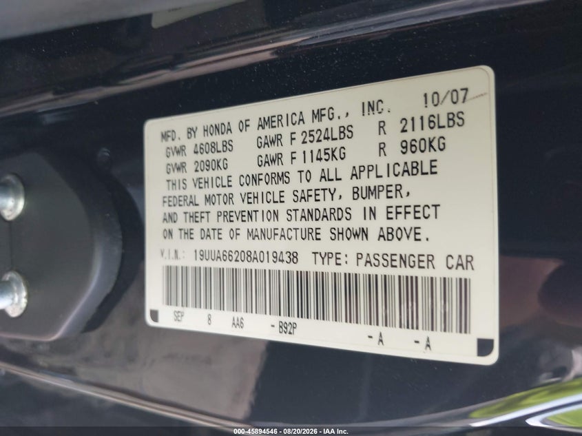2008 Acura Tl VIN 19UUA66208A019438 IAAI salvage auction — FRONT END, Salvage (Georgia), sold $1,100 on 2026-09-06 (photo 9)