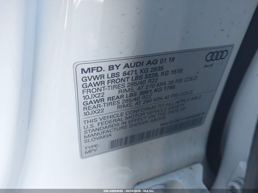 2019 Audi Q8 VIN WA1EVAF17KD025979 IAAI salvage auction — RIGHT SIDE, Salvage Title, sold $19,700 on 2026-09-18 (photo 9)