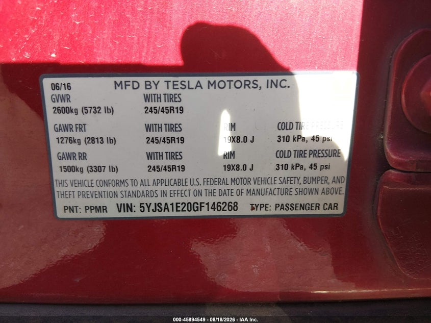 2016 Tesla Model s VIN 5YJSA1E20GF146268 IAAI salvage auction — REAR END, Salvage (Idaho), sold $3,850 on 2026-09-06 (photo 9)