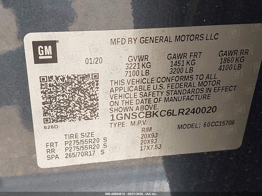 2020 Chevrolet Tahoe VIN 1GNSCBKC6LR240020 IAAI salvage auction — RIGHT FRONT, Salvage (Mississippi), sold $11,050 on 2026-09-10 (photo 9)