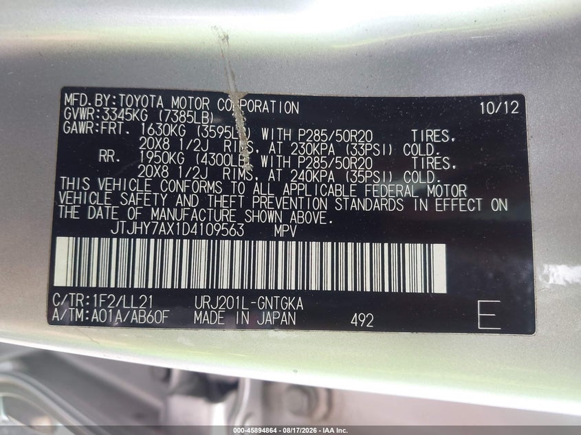 2013 Lexus Lx VIN JTJHY7AX1D4109563 IAAI salvage auction — FRONT END, Salvage (Georgia), sold $12,300 on 2026-09-06 (photo 9)