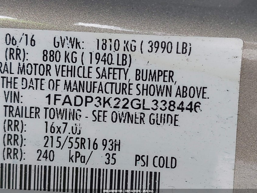2016 Ford Focus VIN 1FADP3K22GL338446 IAAI salvage auction — NORMAL WEAR, Clear (District Of Columbia), sold $525 on 2026-08-25 (photo 9)