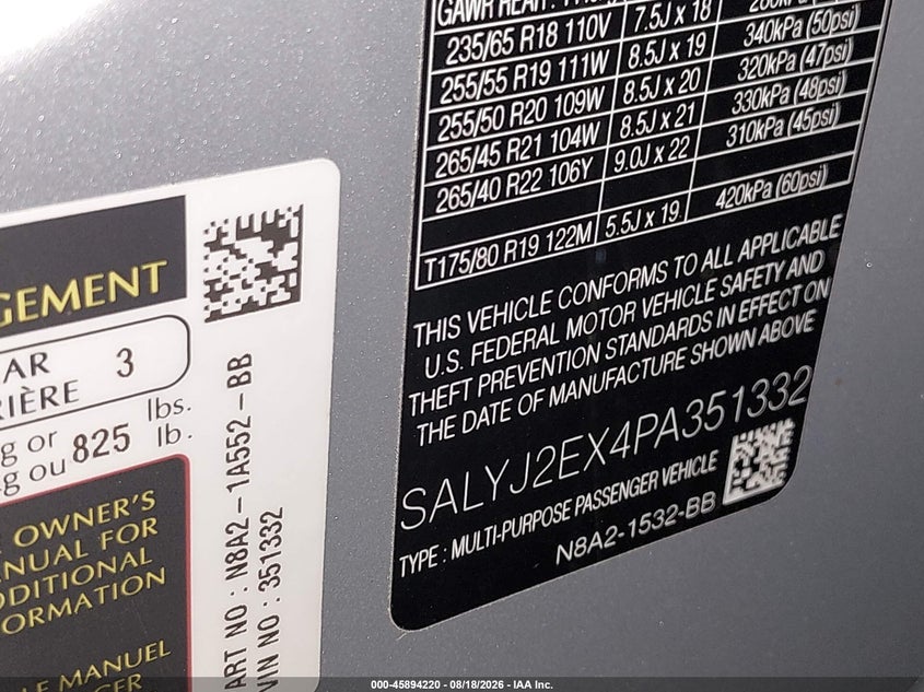 2023 Land rover Range rover velar VIN SALYJ2EX4PA351332 IAAI salvage auction — ENGINE DAMAGE, Salvage Title, sold $16,150 on 2026-09-09 (photo 9)