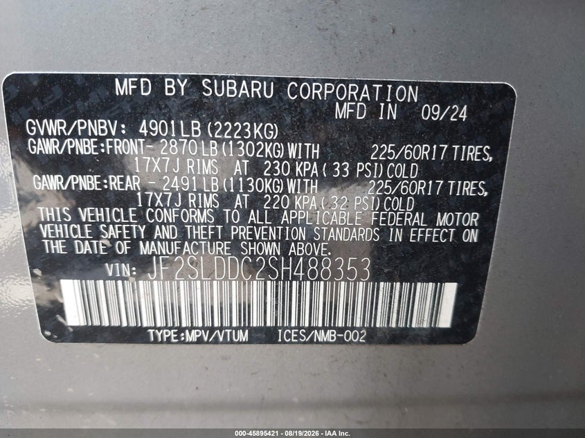 2025 Subaru Forester VIN JF2SLDDC2SH488353 IAAI salvage auction — REAR END, Salvage (Pennsylvania), sold $12,300 on 2026-08-26 (photo 9)