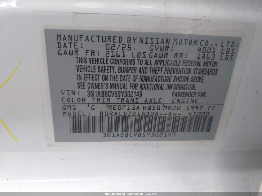 2025 Nissan Sentra VIN 3N1AB8CV8SY302149 IAAI salvage auction — FRONT END, Enterprise Vehicles Clear Only (Texas), sold $12,150 on 2026-08-20 (photo 9)
