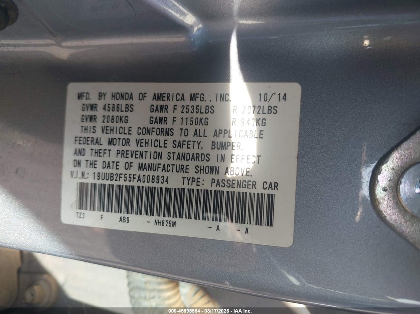 2015 Acura Tlx VIN 19UUB2F55FA008934 IAAI salvage auction — NORMAL WEAR, Clear (Alabama), sold $9,425 on 2026-08-19 (photo 9)