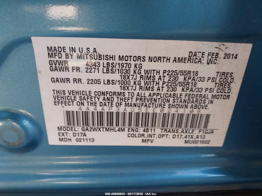 2014 Mitsubishi Outlander VIN 4A4AP3AU5EE024106 IAAI salvage auction — SIDE, Rebuildable (Florida), sold $725 on 2026-08-23 (photo 9)