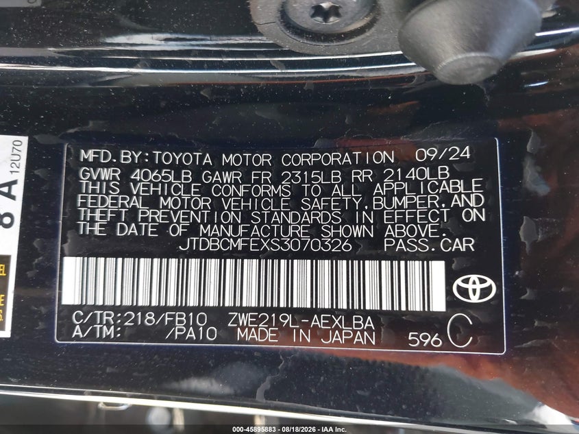 2025 Toyota Corolla VIN JTDBCMFEXS3070326 IAAI salvage auction — REAR END, Salvage (California), sold $8,350 on 2026-08-25 (photo 9)