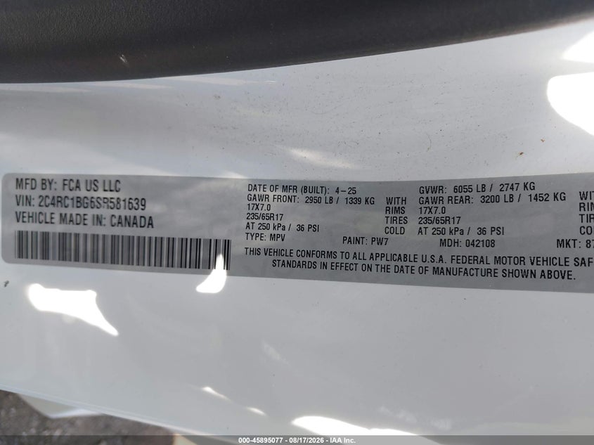 2025 Chrysler Pacifica VIN 2C4RC1BG6SR581639 IAAI salvage auction — LEFT SIDE, Enterprise Vehicles Clear Only (California), sold $17,850 on 2026-08-19 (photo 9)