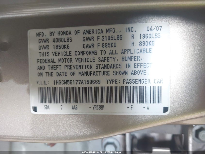 2007 Honda Accord VIN 1HGCM56177A149669 IAAI salvage auction — LEFT FRONT, Clear (New York), sold $2,000 on 2026-09-11 (photo 9)