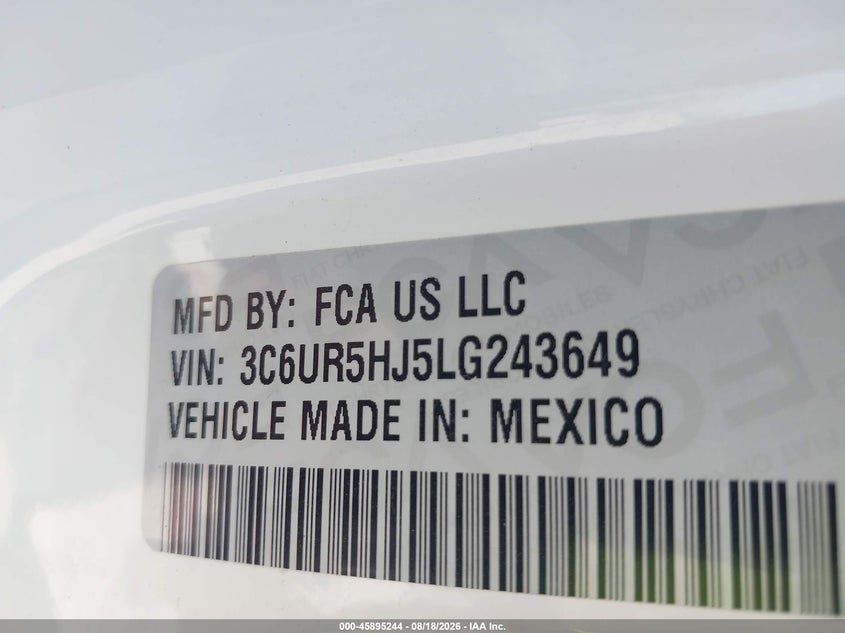 2020 Ram 2500 VIN 3C6UR5HJ5LG243649 IAAI salvage auction — RIGHT SIDE, Enterprise Vehicles Clear Only (Texas), sold $15,350 on 2026-08-24 (photo 9)