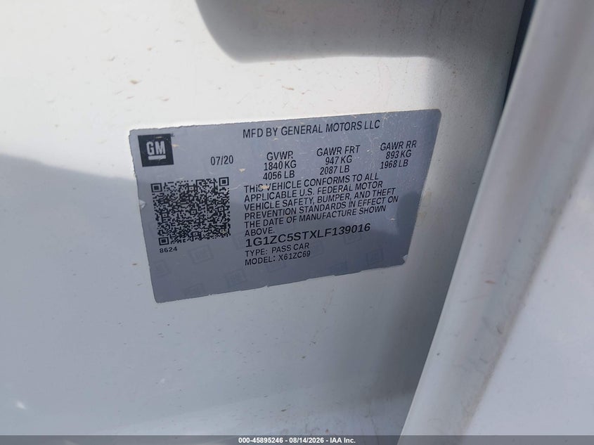 2020 Chevrolet Malibu VIN 1G1ZC5STXLF139016 IAAI salvage auction — NORMAL WEAR, Sf97 (Texas), sold $11,300 on 2026-09-02 (photo 9)