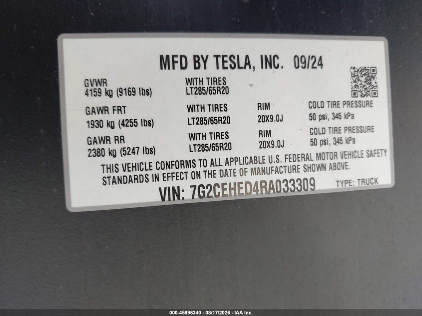 2024 Tesla Cybertruck VIN 7G2CEHED4RA033309 IAAI salvage auction — FRONT END, Salvage (California), sold $26,950 on 2026-09-10 (photo 9)
