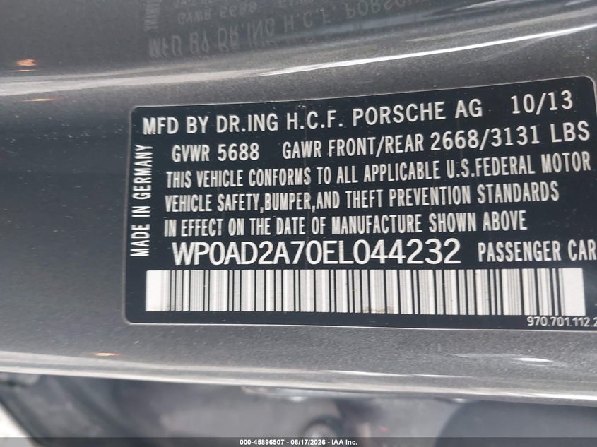 2014 Porsche Panamera VIN WP0AD2A70EL044232 IAAI salvage auction — WATER/FLOOD, Salvage (Pennsylvania), sold $5,000 on 2026-09-04 (photo 9)
