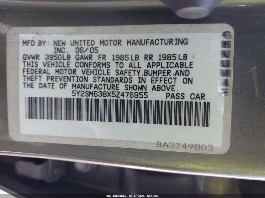 2005 Pontiac Vibe VIN 5Y2SM638X5Z476955 IAAI salvage auction — FRONT END, Bill Of Sale (Washington), sold $450 on 2026-09-03 (photo 9)