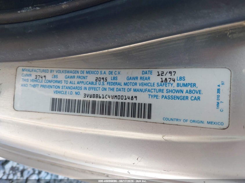 1998 Volkswagen Beetle VIN 3VWBB61C4WM001489 IAAI salvage auction — FRONT END, Bill Of Sale (Washington), sold $325 on 2026-09-06 (photo 9)