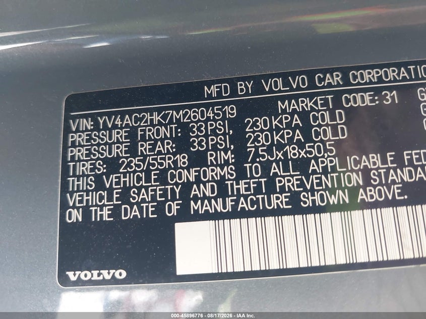 2021 Volvo Xc40 VIN YV4AC2HK7M2604519 IAAI salvage auction — LEFT SIDE, Salvage (California), sold $5,050 on 2026-08-24 (photo 9)