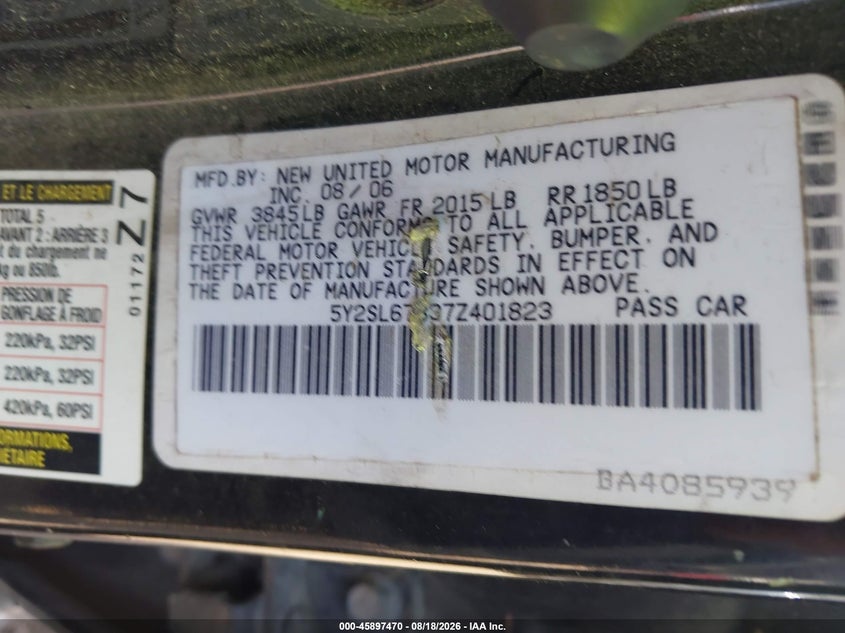 2007 Pontiac Vibe VIN 5Y2SL67837Z401823 IAAI salvage auction — NORMAL WEAR, Original (Texas), sold $650 on 2026-08-25 (photo 9)