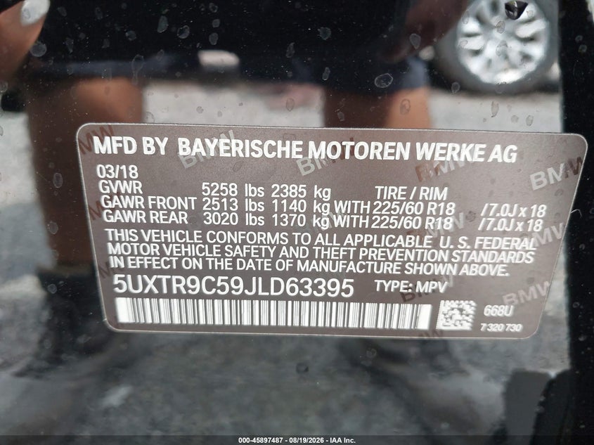 2018 BMW X3 VIN 5UXTR9C59JLD63395 IAAI salvage auction — REAR END, Wait Title, sold $11,000 on 2026-09-05 (photo 9)