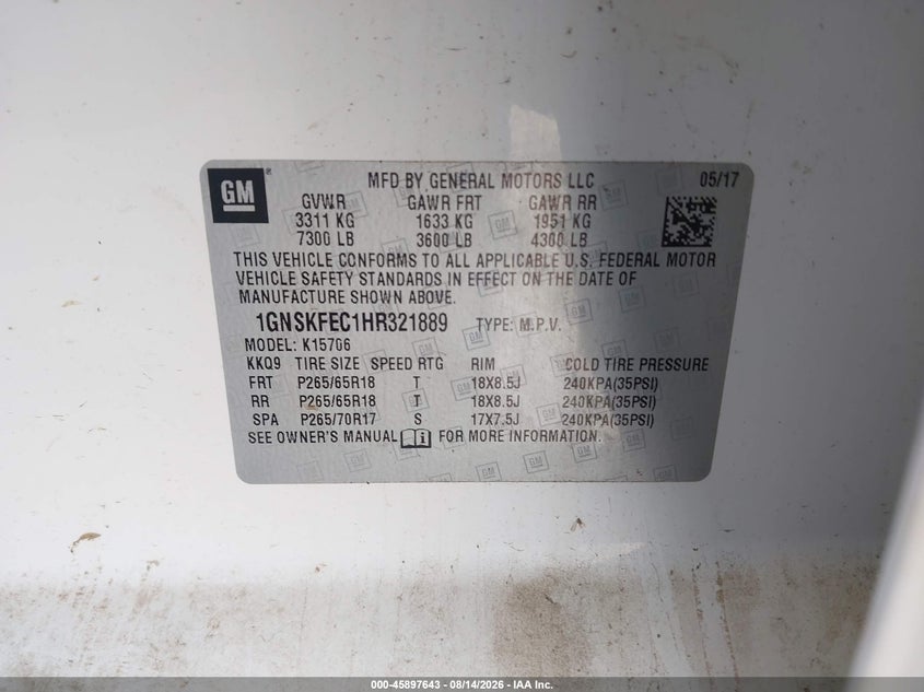2017 Chevrolet Tahoe VIN 1GNSKFEC1HR321889 IAAI salvage auction — NORMAL WEAR, SF97 (California), sold $10,000 on 2026-08-27 (photo 9)
