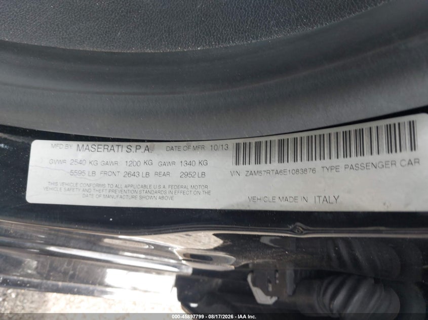 2014 Maserati Ghibli VIN ZAM57RTA6E1083876 IAAI salvage auction — FRONT END, Salvage Title, sold $1,300 on 2026-08-19 (photo 9)