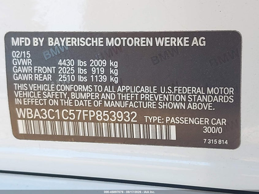 2015 BMW 3er VIN WBA3C1C57FP853932 IAAI salvage auction — FRONT END, Salvage (California), sold $1,950 on 2026-08-24 (photo 9)