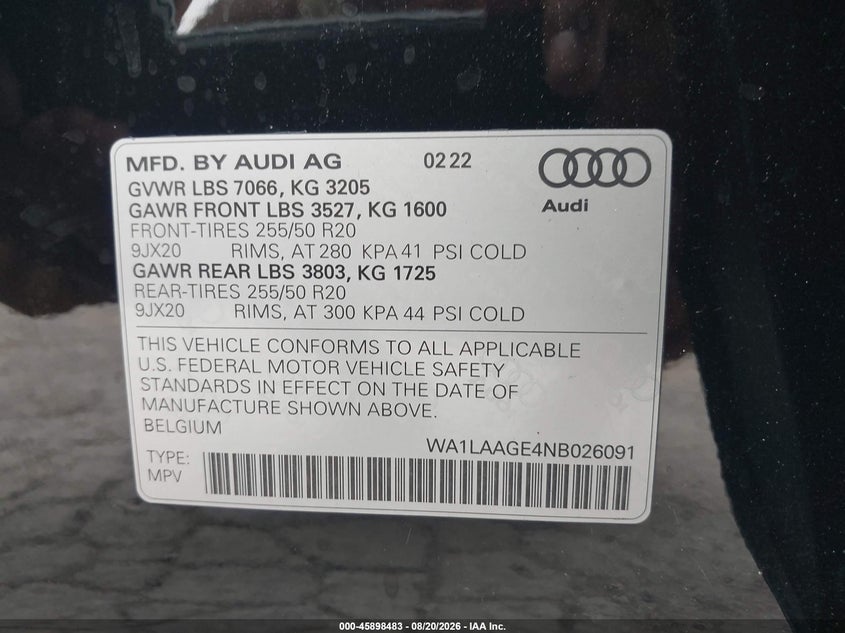 2022 Audi E-tron VIN WA1LAAGE4NB026091 IAAI salvage auction — NORMAL WEAR, Clear (New York), sold $10,400 on 2026-08-26 (photo 9)
