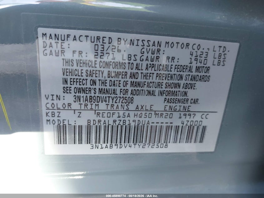 2026 Nissan Sentra VIN 3N1AB9DV4TY272508 IAAI salvage auction — SIDE, Enterprise Vehicles Clear Only (Texas), sold $10,700 on 2026-08-20 (photo 9)