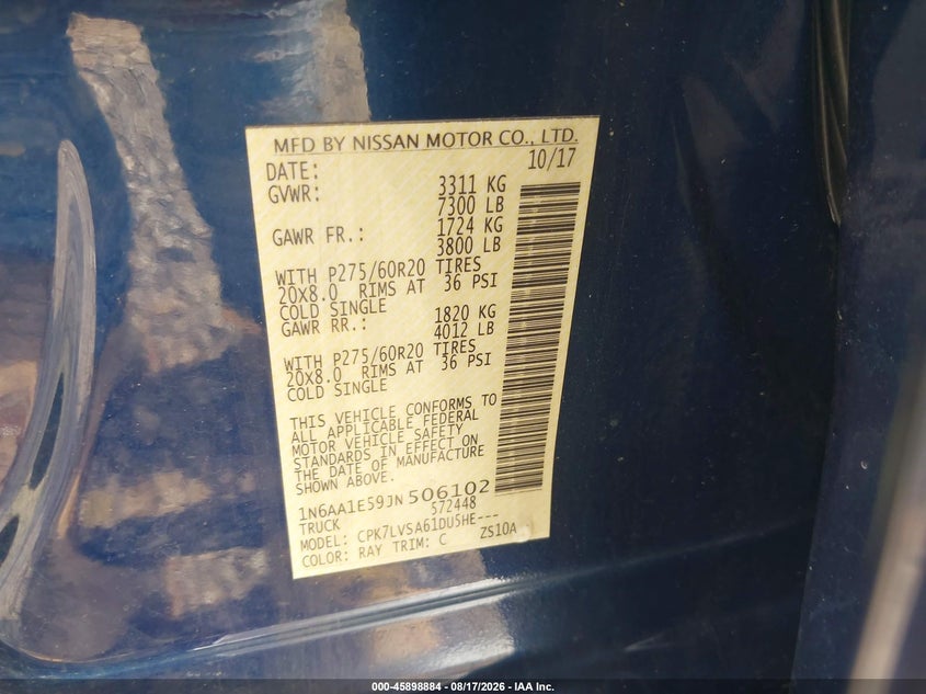 2018 Nissan TITAN VIN 1N6AA1E59JN506102 IAAI salvage auction — NORMAL WEAR, Original (Ohio), sold $9,000 on 2026-08-26 (photo 9)