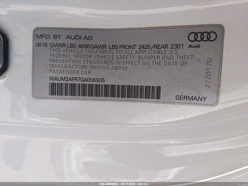 2016 Audi A5 VIN WAUM2AFR7GA006905 IAAI salvage auction — BIO HAZARD, Salvage (Texas), sold $625 on 2026-09-03 (photo 9)