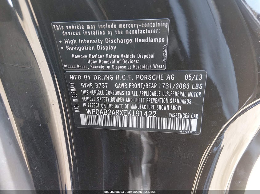 2014 Porsche Cayman VIN WP0AB2A8XEK191422 IAAI salvage auction — FRONT END, Salvage Title, sold $18,000 on 2026-09-27 (photo 9)
