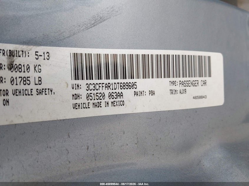 2013 Fiat 500 VIN 3C3CFFAR1DT689605 IAAI salvage auction — NORMAL WEAR, Clear - Dealer Only (California), sold $700 on 2026-09-09 (photo 9)