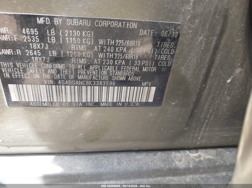 2019 Subaru Outback VIN 4S4BSANC8K3383596 IAAI salvage auction — REAR END, Original (Texas), sold $5,500 on 2026-10-04 (photo 9)