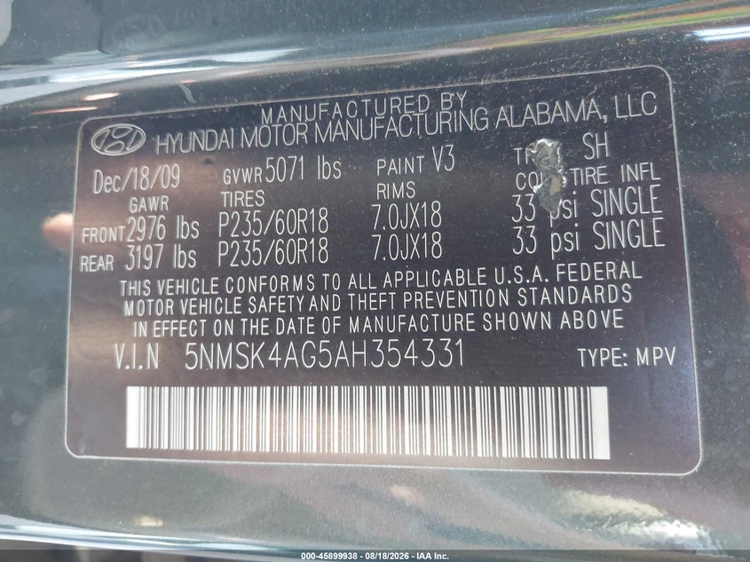 2010 Hyundai Santa fe VIN 5NMSK4AG5AH354331 IAAI salvage auction — NORMAL WEAR, Original (Texas), sold $875 on 2026-08-23 (photo 9)