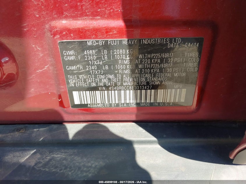 2014 Subaru Outback VIN 4S4BRBCC8E3313427 IAAI salvage auction — FRONT END, Wait Title, sold $975 on 2026-10-09 (photo 9)