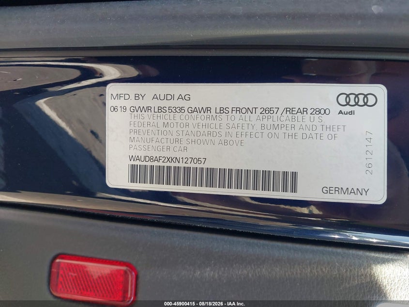 2019 Audi A6 VIN WAUD8AF2XKN127057 IAAI salvage auction — RIGHT FRONT, Salvage Title, sold $8,200 on 2026-09-06 (photo 9)