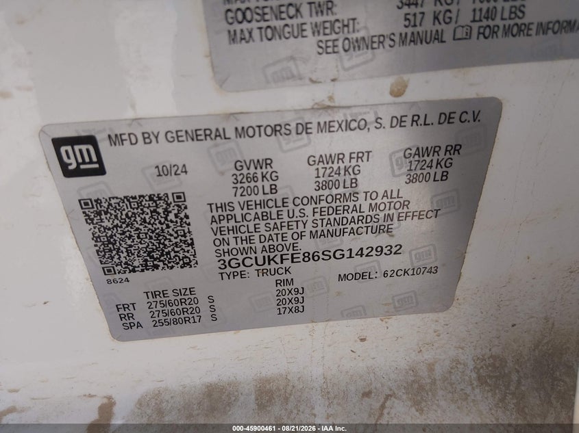 2025 Chevrolet Silverado VIN 3GCUKFE86SG142932 IAAI salvage auction — FRONT END, Wait Title, sold $17,900 on 2026-10-02 (photo 9)