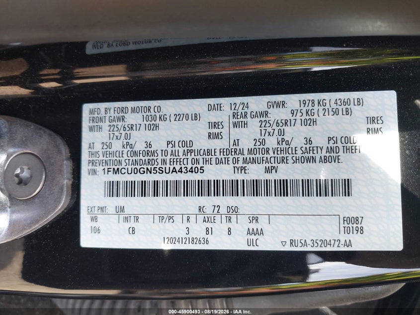 2025 Ford Escape VIN 1FMCU0GN5SUA43405 IAAI salvage auction — RIGHT SIDE, Salvage Title, sold $11,500 on 2026-08-23 (photo 9)