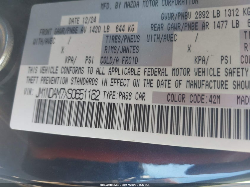 2025 Mazda Mx-5 VIN JM1NDAM7XS0651162 IAAI salvage auction — NORMAL WEAR, Enterprise Vehicles Clear Only (Nevada), sold $19,600 on 2026-08-25 (photo 9)