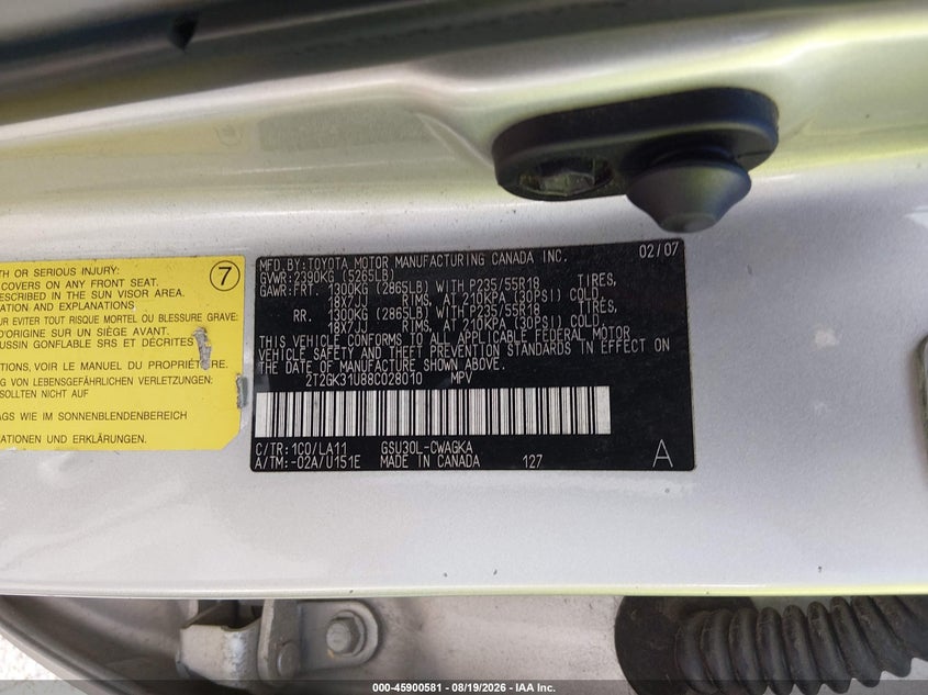 2008 Lexus Rx VIN 2T2GK31U88C028010 IAAI salvage auction — NORMAL WEAR, Original (Texas), sold $1,975 on 2026-09-08 (photo 9)