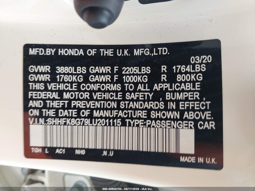2020 Honda Civic type r VIN SHHFK8G79LU201115 IAAI salvage auction — SIDE, Wait Title, sold $10,200 on 2026-10-08 (photo 9)