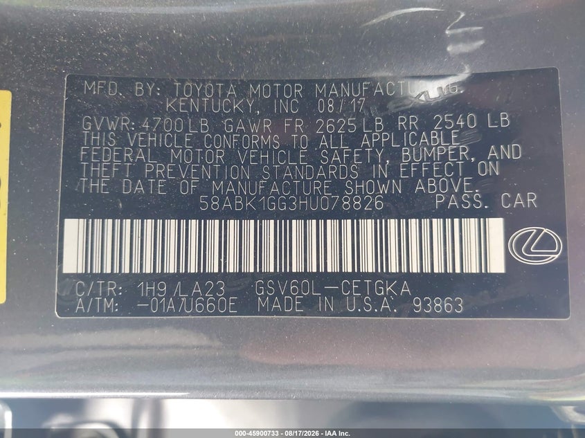 2017 Lexus ES VIN 58ABK1GG3HU078826 IAAI salvage auction — RIGHT FRONT, Salvage (California), sold $6,775 on 2026-09-04 (photo 9)