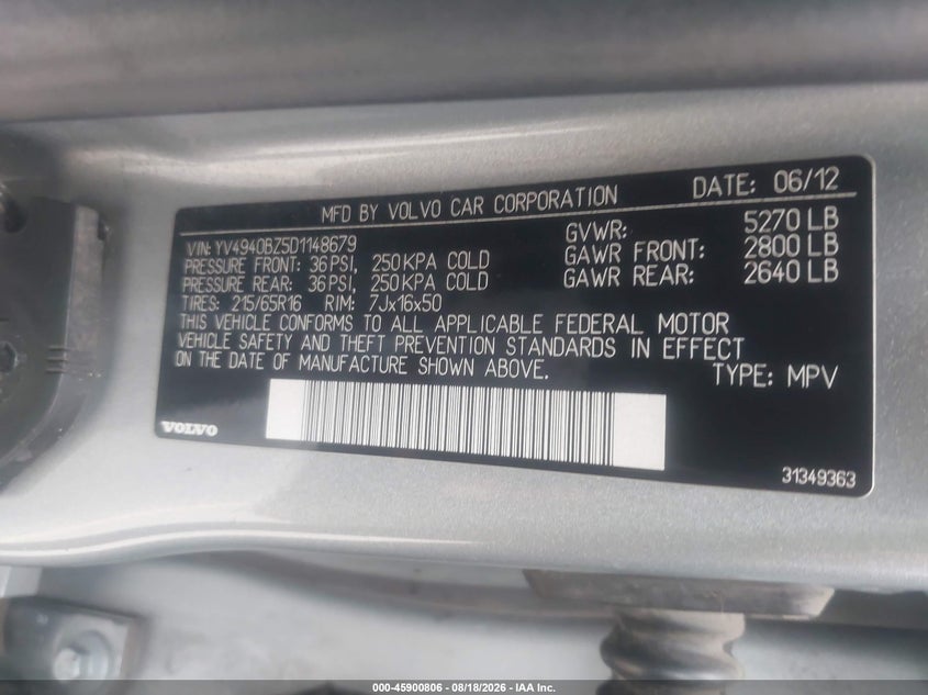 2013 Volvo Xc70 VIN YV4940BZ5D1148679 IAAI salvage auction — RIGHT FRONT, Salvage (California), sold $950 on 2026-09-03 (photo 9)