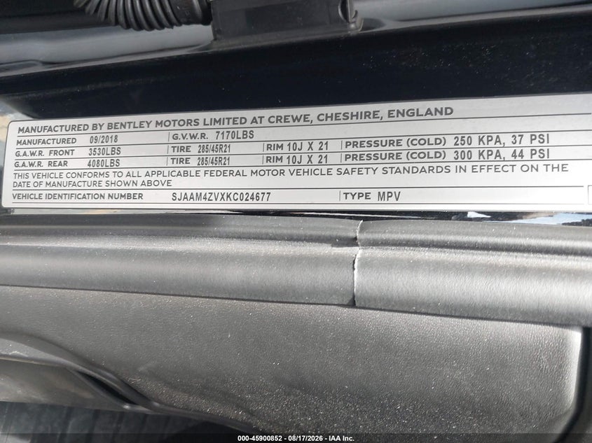 2019 Bentley Bentayga VIN SJAAM4ZVXKC024677 IAAI salvage auction — FRONT END, Salvage (California), sold $35,050 on 2026-09-08 (photo 9)