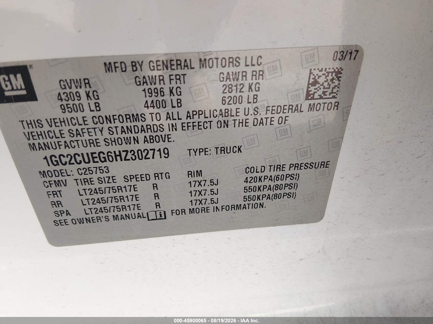2017 Chevrolet Silverado VIN 1GC2CUEG6HZ302719 IAAI salvage auction — LEFT FRONT, Salvage (North Carolina), sold $8,500 on 2026-09-09 (photo 9)