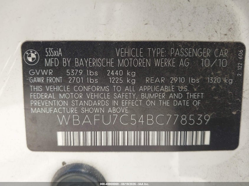 2011 BMW 5 series VIN WBAFU7C54BC778539 IAAI salvage auction — SIDE, Salvage (Texas), sold $1,100 on 2026-08-30 (photo 9)