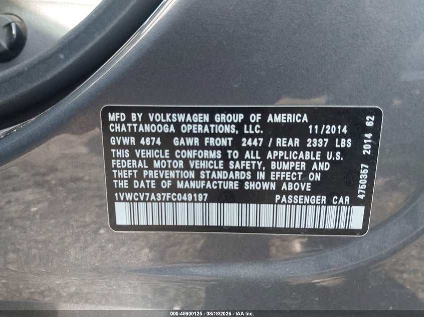 2015 Volkswagen Passat VIN 1VWCV7A37FC049197 IAAI salvage auction — FRONT END, Salvage (Pennsylvania), sold $800 on 2026-09-14 (photo 9)