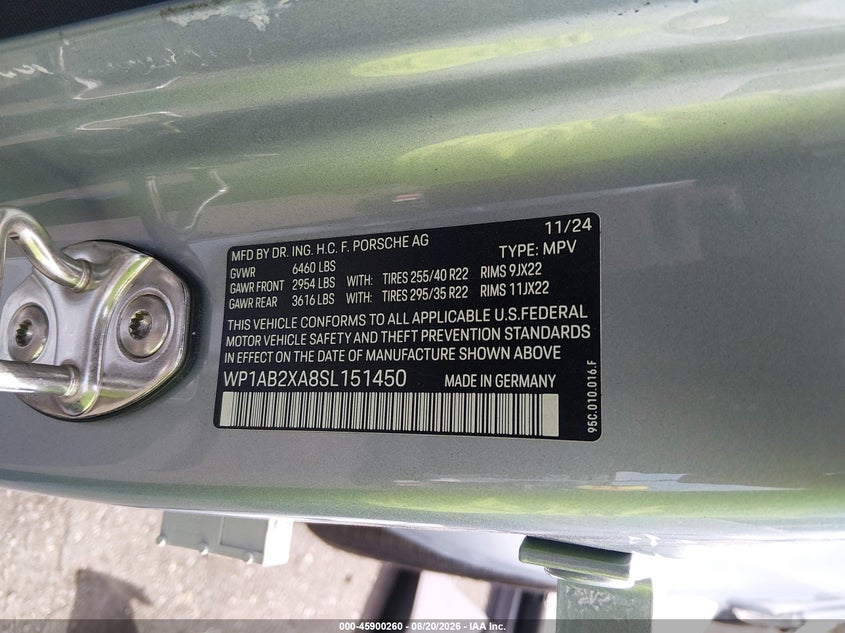2025 Porsche Macan VIN WP1AB2XA8SL151450 IAAI salvage auction — LEFT SIDE, Wait Title, sold $34,200 on 2026-08-28 (photo 9)