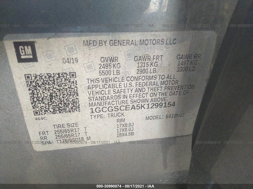 2019 Chevrolet Colorado VIN 1GCGSCEA5K1299154 IAAI salvage auction — Front End, Other, sold $10,500 on 2021-10-06 (photo 9)