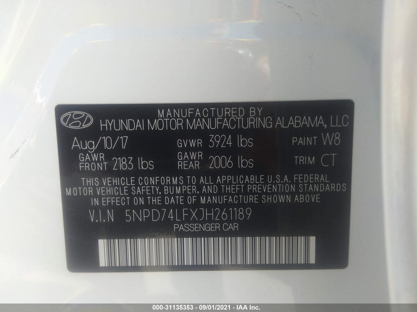 2018 Hyundai Elantra VIN 5NPD74LFXJH261189 IAAI salvage auction — Front & Rear, Other, sold $4,050 on 2021-11-03 (photo 9)